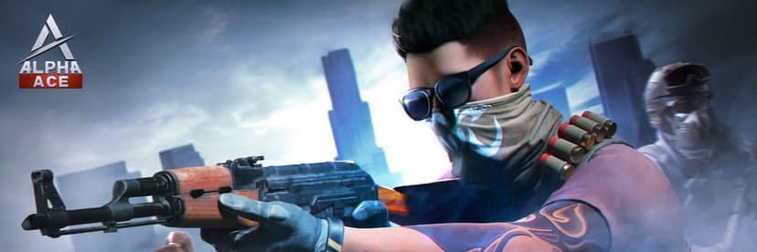 Character in sunglasses and bandana mask aiming an assault rifle against a hazy blue city background.