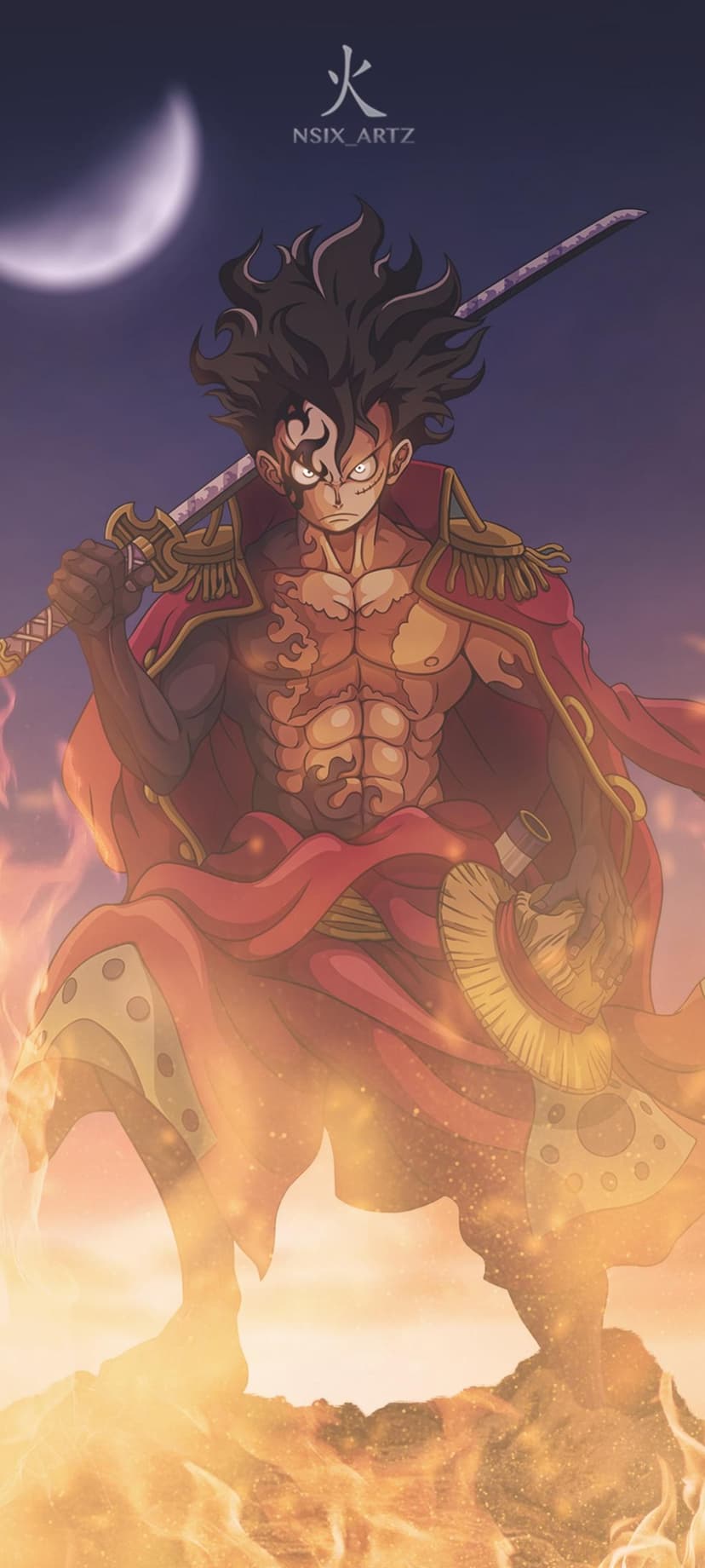 Luffy in Gear 5 form holds a katana amidst swirling flames and a crescent moon under Japanese kanji text.