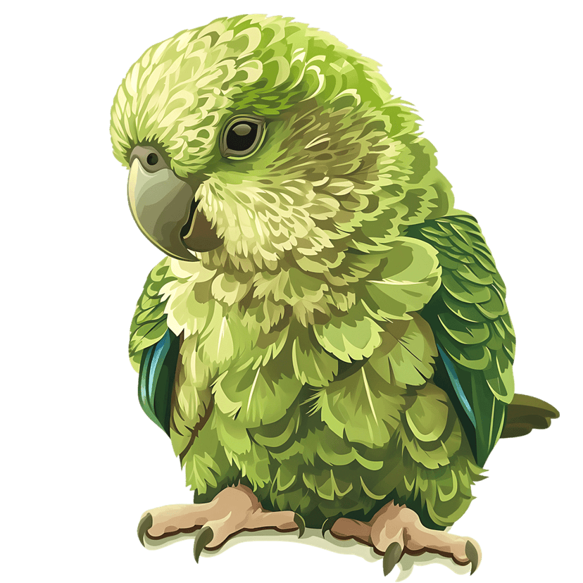 Green parrot with detailed emerald feathers perched on a brown wood branch in a realistic digital illustration.