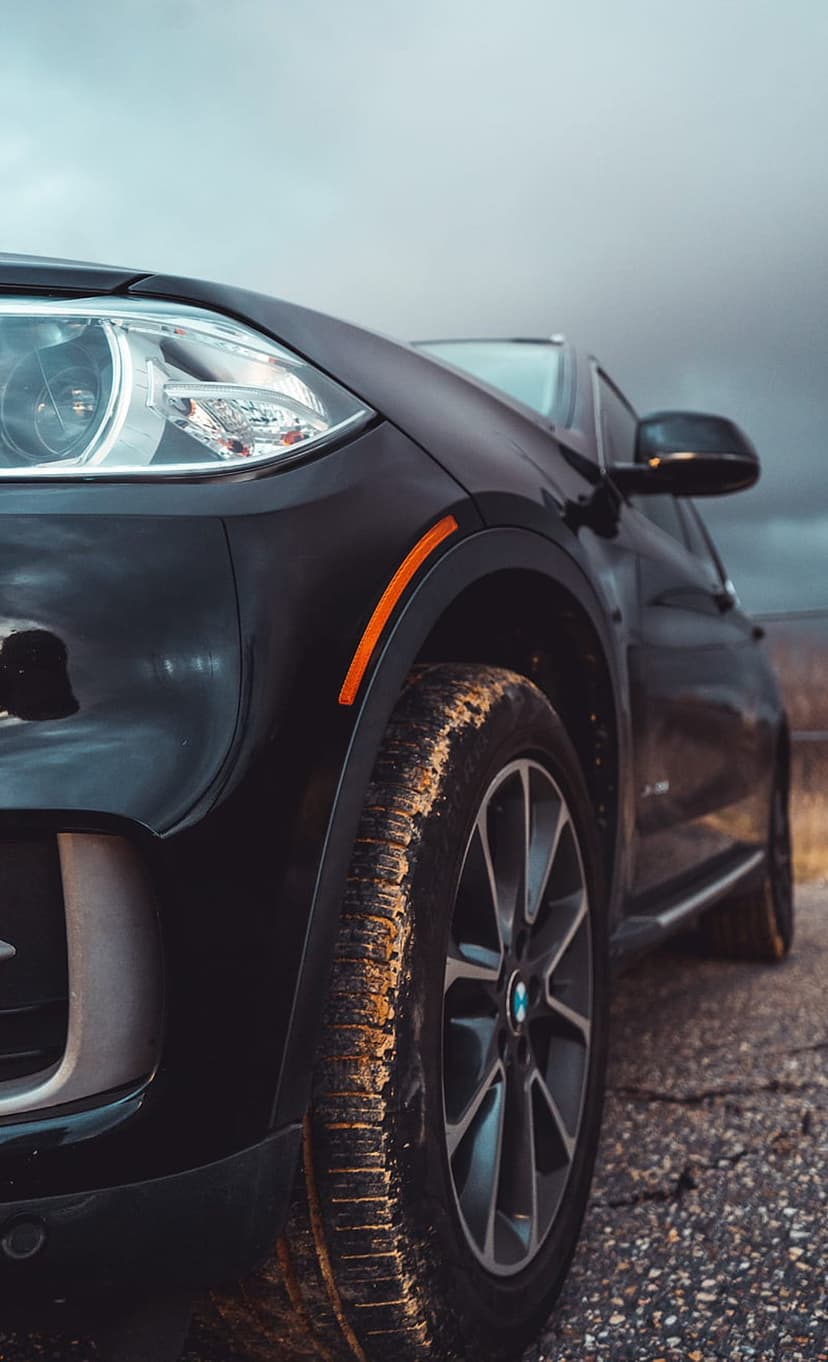 Black BMW SUV with a muddy tire and sleek headlight parked on a gravel path under an overcast, moody gray sky.