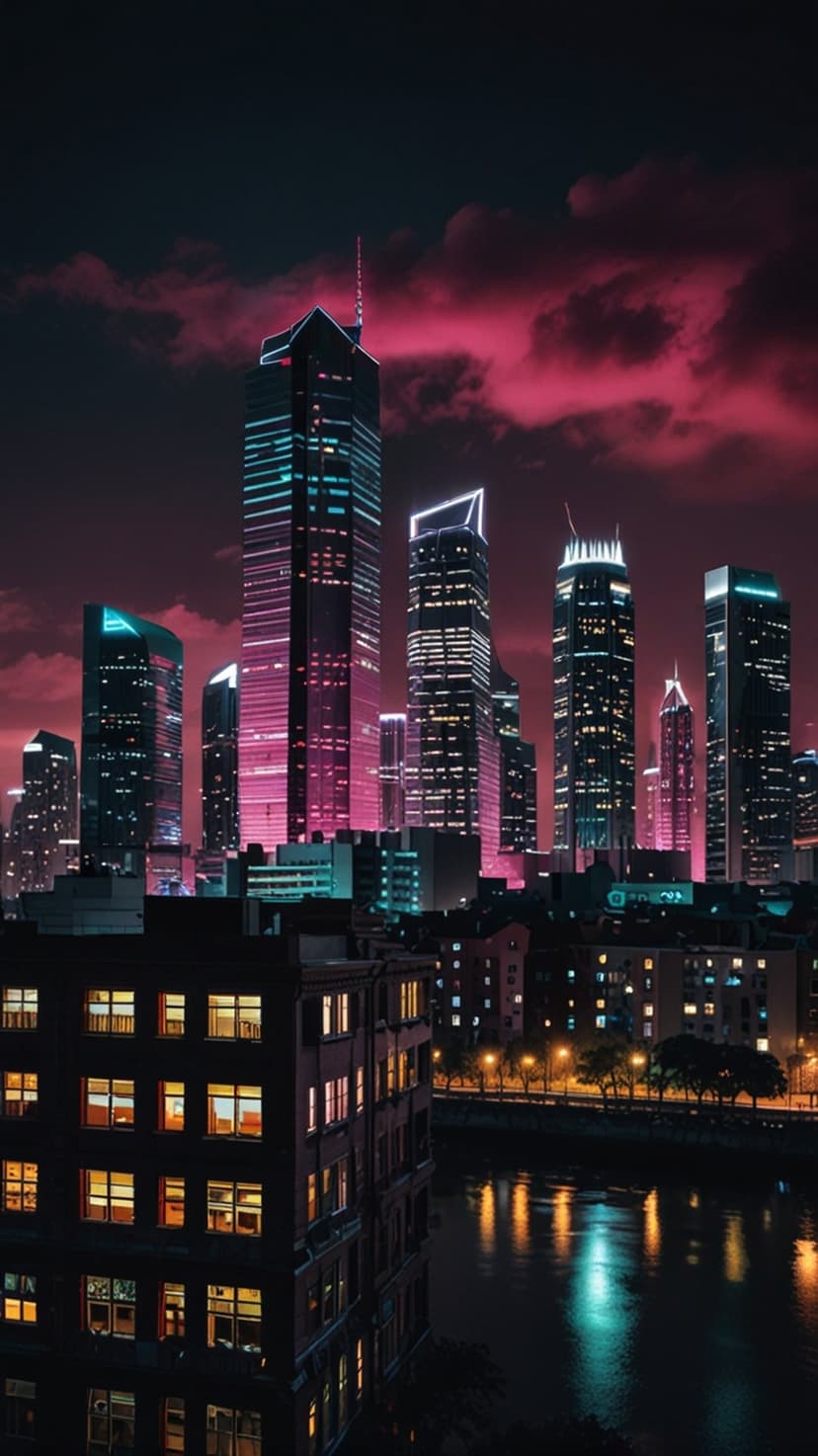 Neon pink and teal skyscrapers reflect in dark foreground water beneath a moody magenta-tinted night sky.