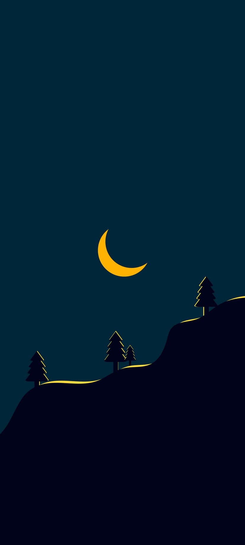 Slender yellow crescent moon glows above a row of silhouetted pine trees on a dark blue hill at night.