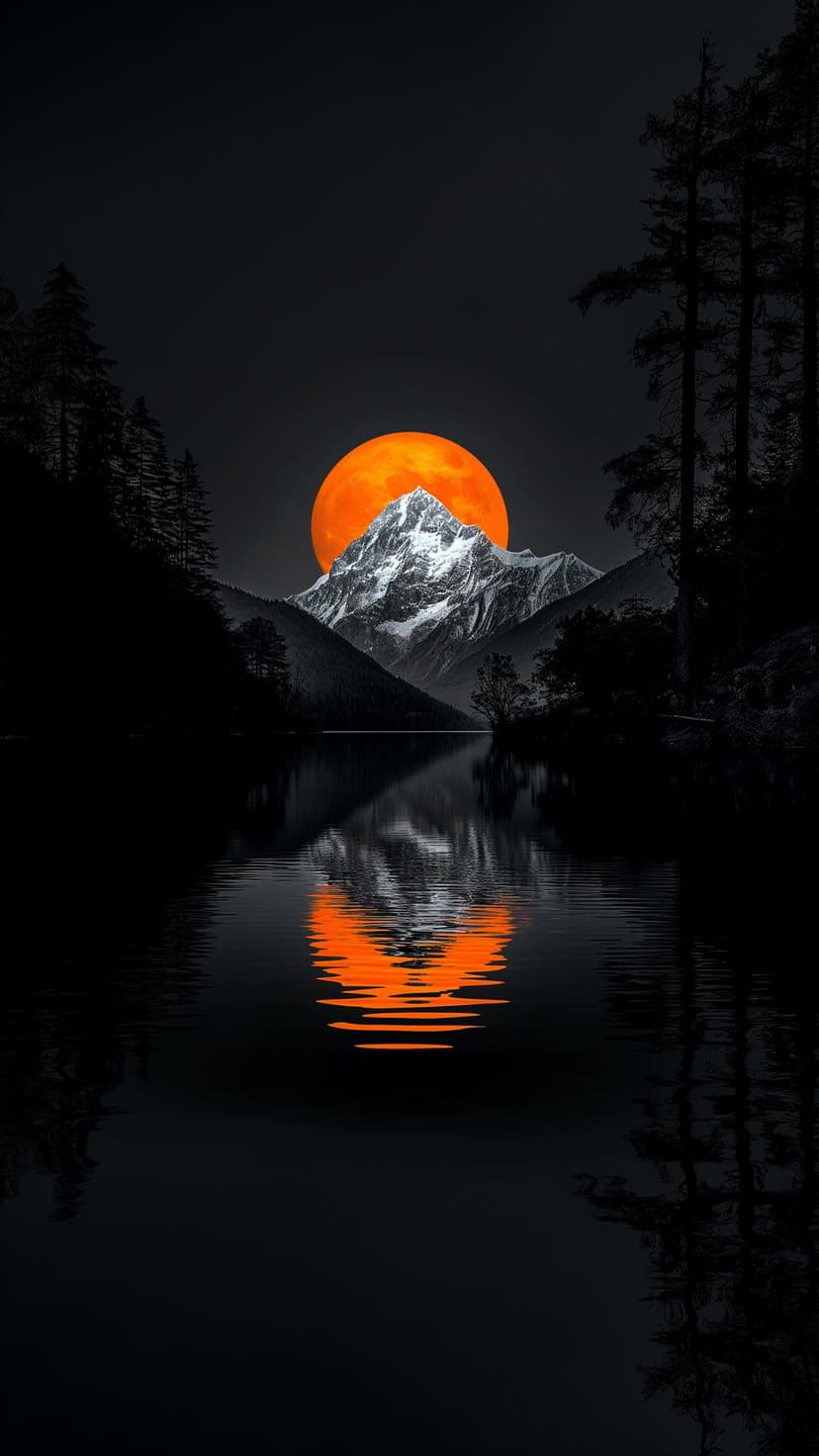 Snowy mountain peaks under a large orange moon reflected in a dark lake framed by silhouetted pine trees.