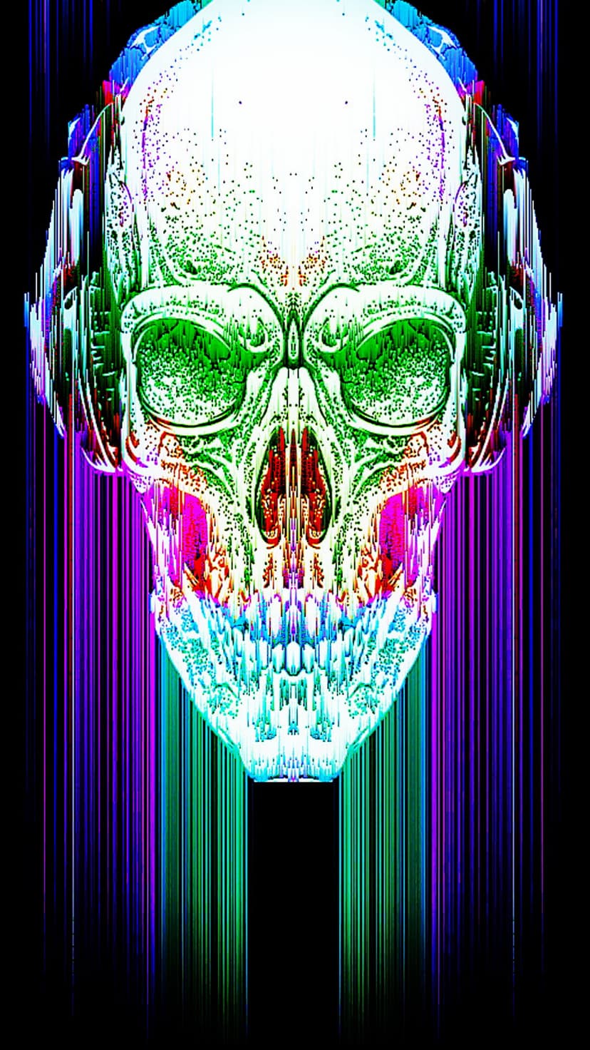Skull wearing headphones with neon green and pink glitch effects against a purple vertical line background.