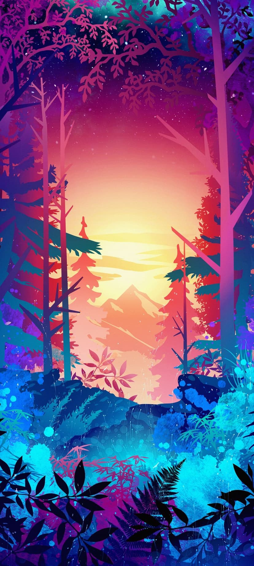 Pink and purple trees silhouetted against an orange gradient sky with distant mountains and lush foliage.
