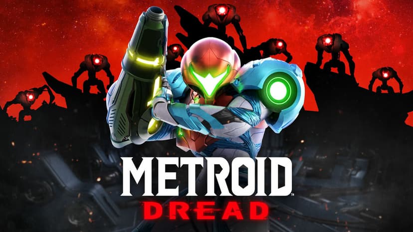 Samus Aran in blue armor aims an arm cannon against a red sky with silhouetted robots on jagged cliffs.