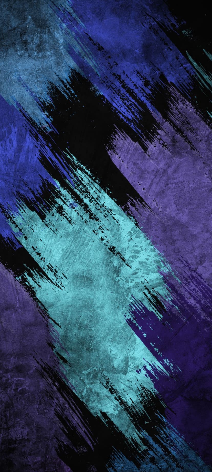 Teal and violet diagonal brush strokes intersect on a black distressed texture with splattered paint details.