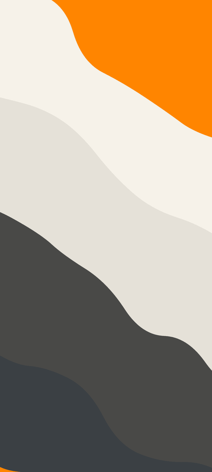 Interlocking organic waves in vibrant orange and varied gray tones flow across a minimalist vertical composition.