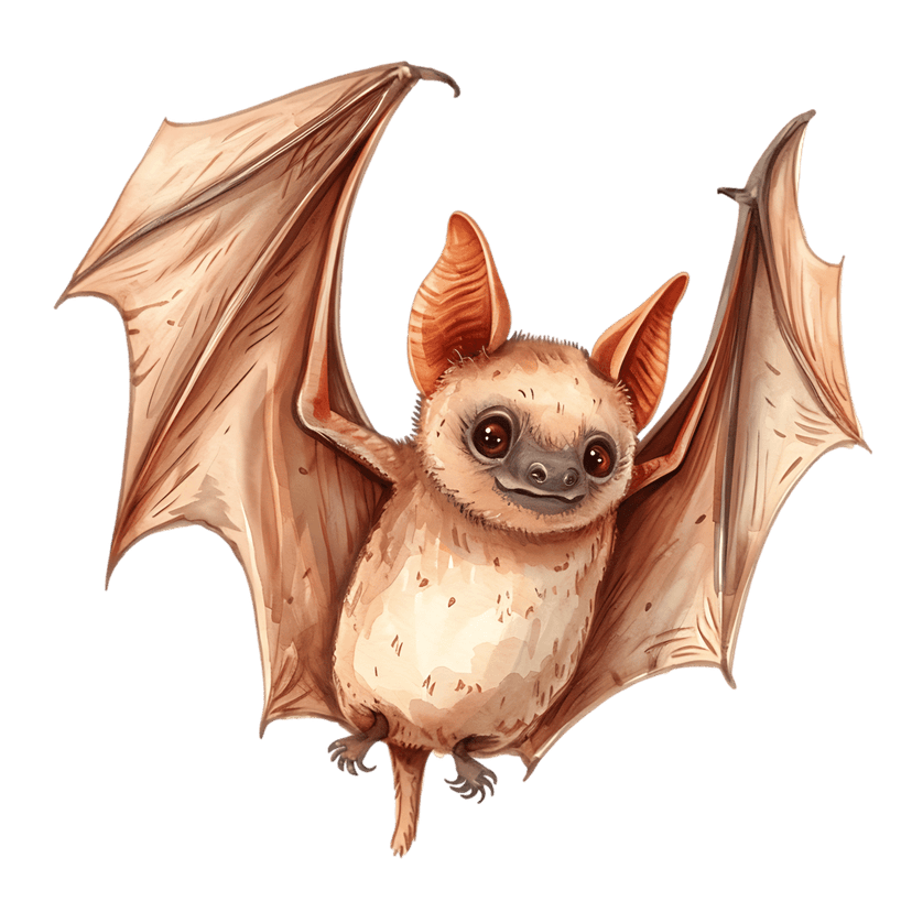 Flying bat watercolor illustration features brown spread wings and soft paint textures on a clear background.