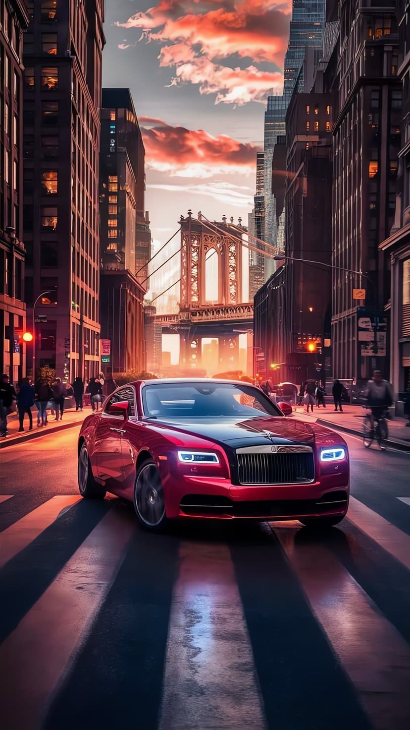 Red and black luxury car on an urban street with the Manhattan Bridge under an orange sunset sky.