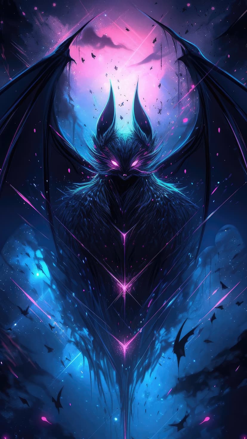 Bat-like creature with glowing pink eyes and large wings flying through a neon blue and violet starry nebula.
