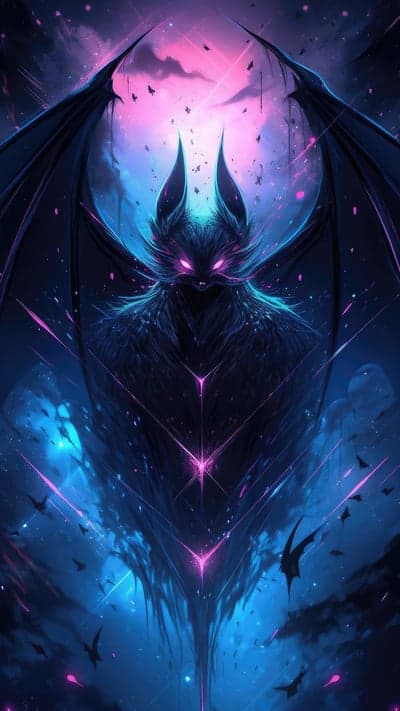 Mystical Bat Creature in Neon Cosmic Sky