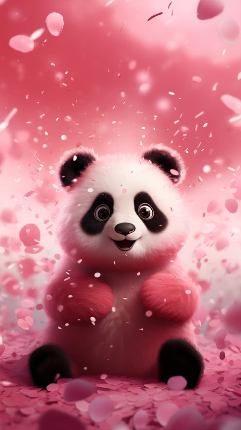Pink fluffy panda cub sitting on grass as cherry blossom petals fall in a whimsical pastel setting.