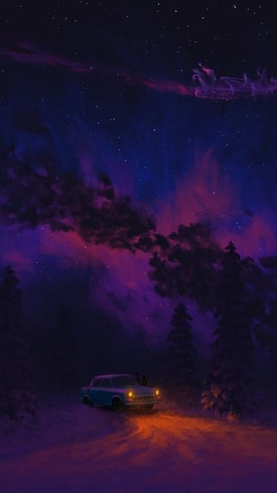 Winter's Eve Journey- A Car Under Starry Skies