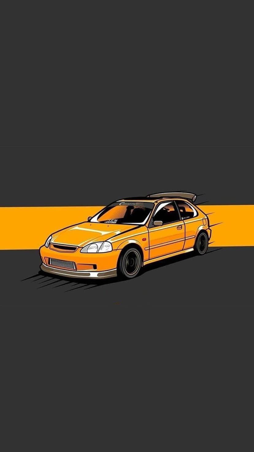 Orange Honda Civic EK hatchback with a large rear spoiler and custom wheels on a gray and orange striped background.