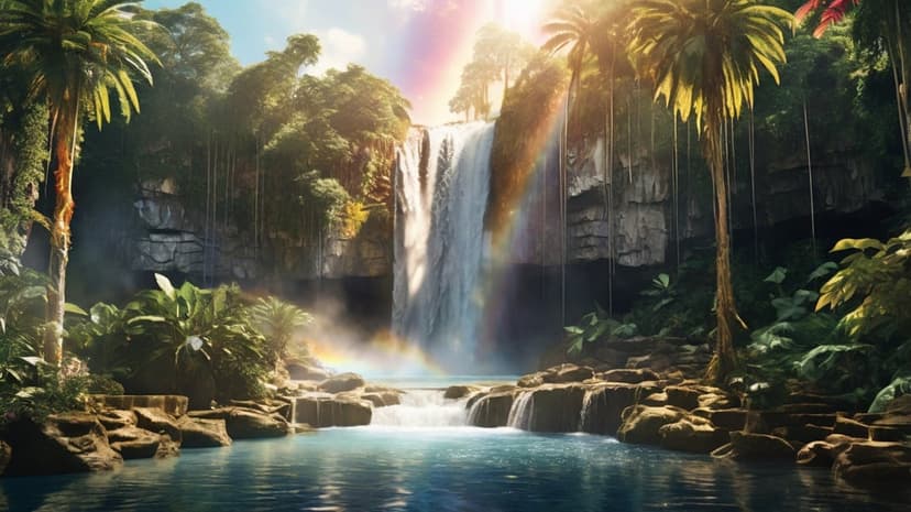 Majestic waterfall cascading into a blue lagoon with a vibrant rainbow under tropical palm trees and sunlight.