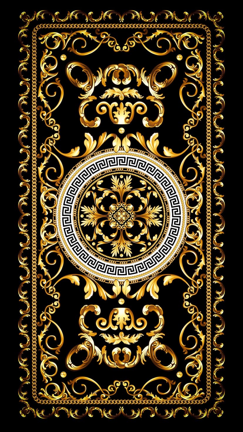 Ornate gold acanthus leaves and baroque scrollwork patterns layered over a solid deep black background.