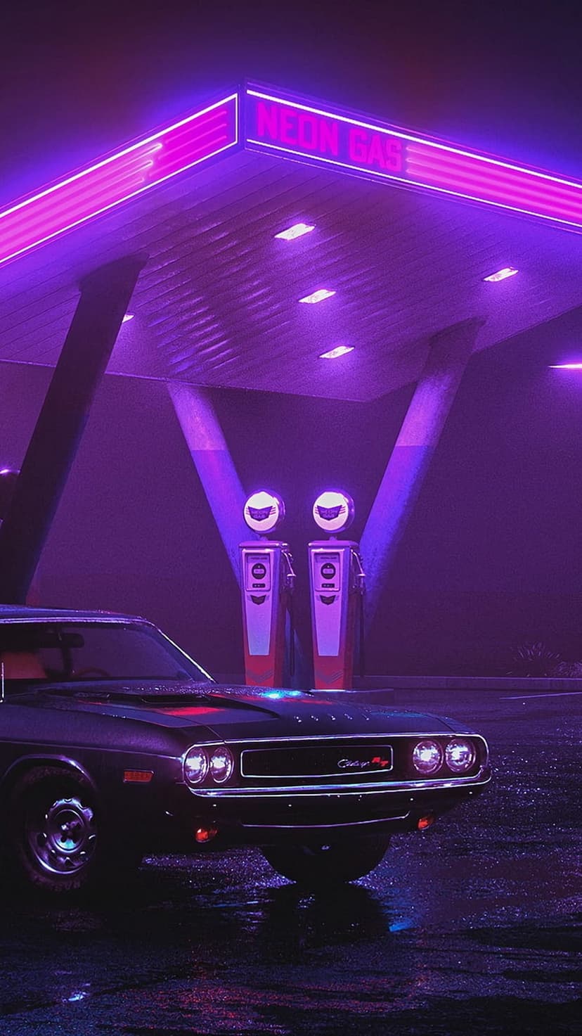 Black vintage car parked at a neon gas station with purple reflections on wet pavement under a night sky.
