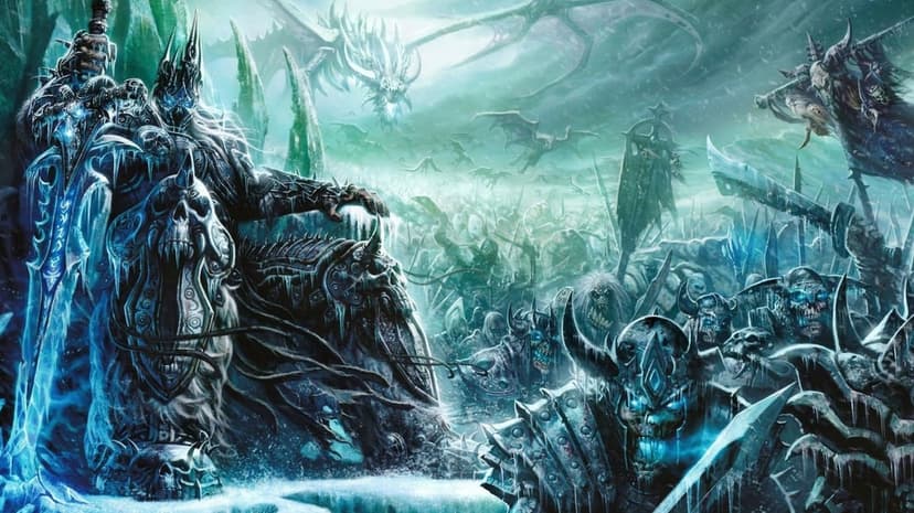 Lich King Arthas sitting on a throne with Frostmourne sword amidst an army of skeletal warriors and a frost wyrm.