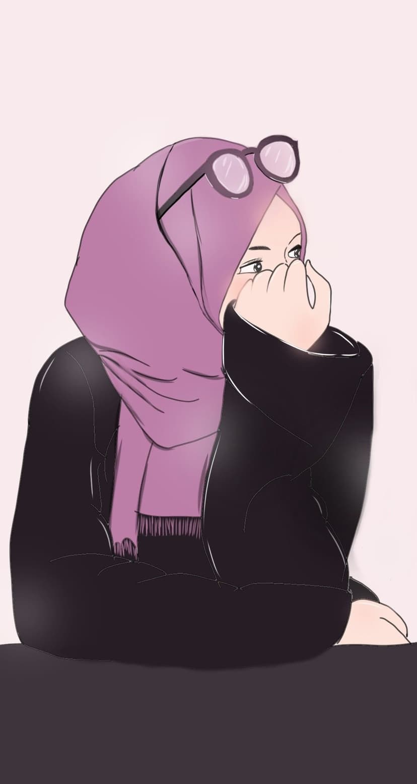 Woman in a pink hijab and black jacket rests her chin on her hand with glasses perched on her head.