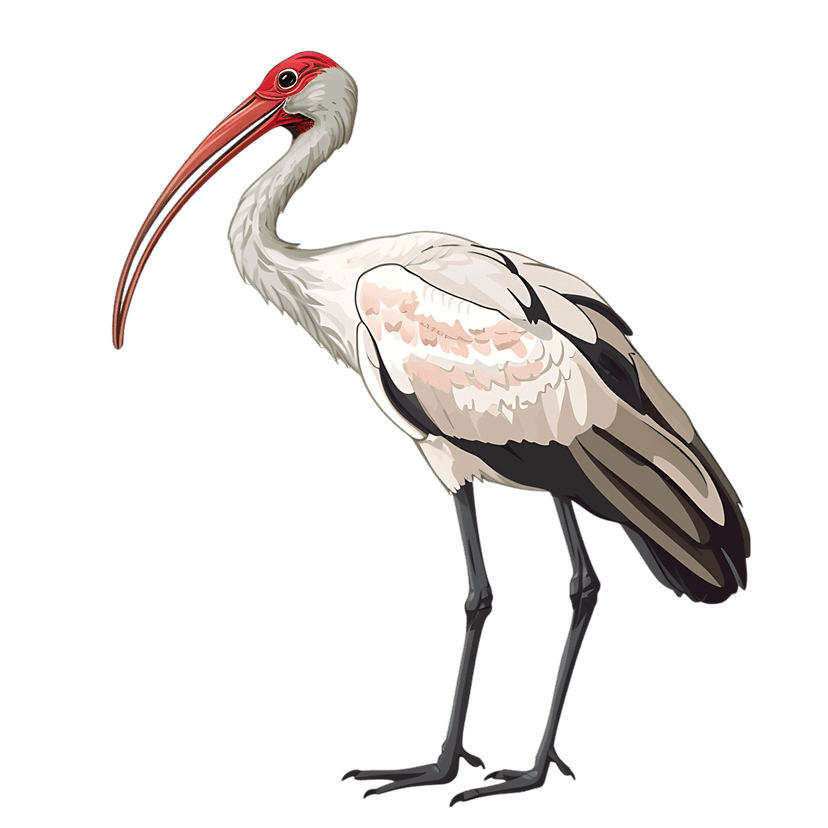 White Ibis bird stands with a curved red beak and pinkish feathers in a detailed digital illustration style.