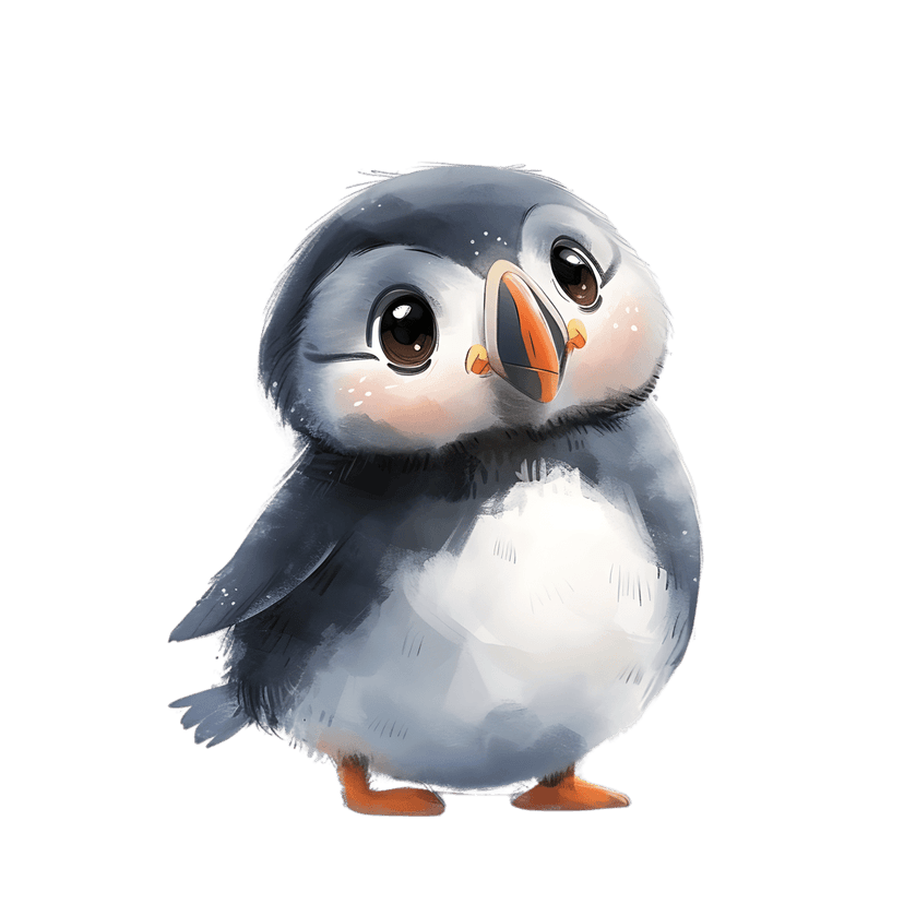 Puffin bird illustration showing large eyes and an orange beak rendered in soft watercolor on transparent background.