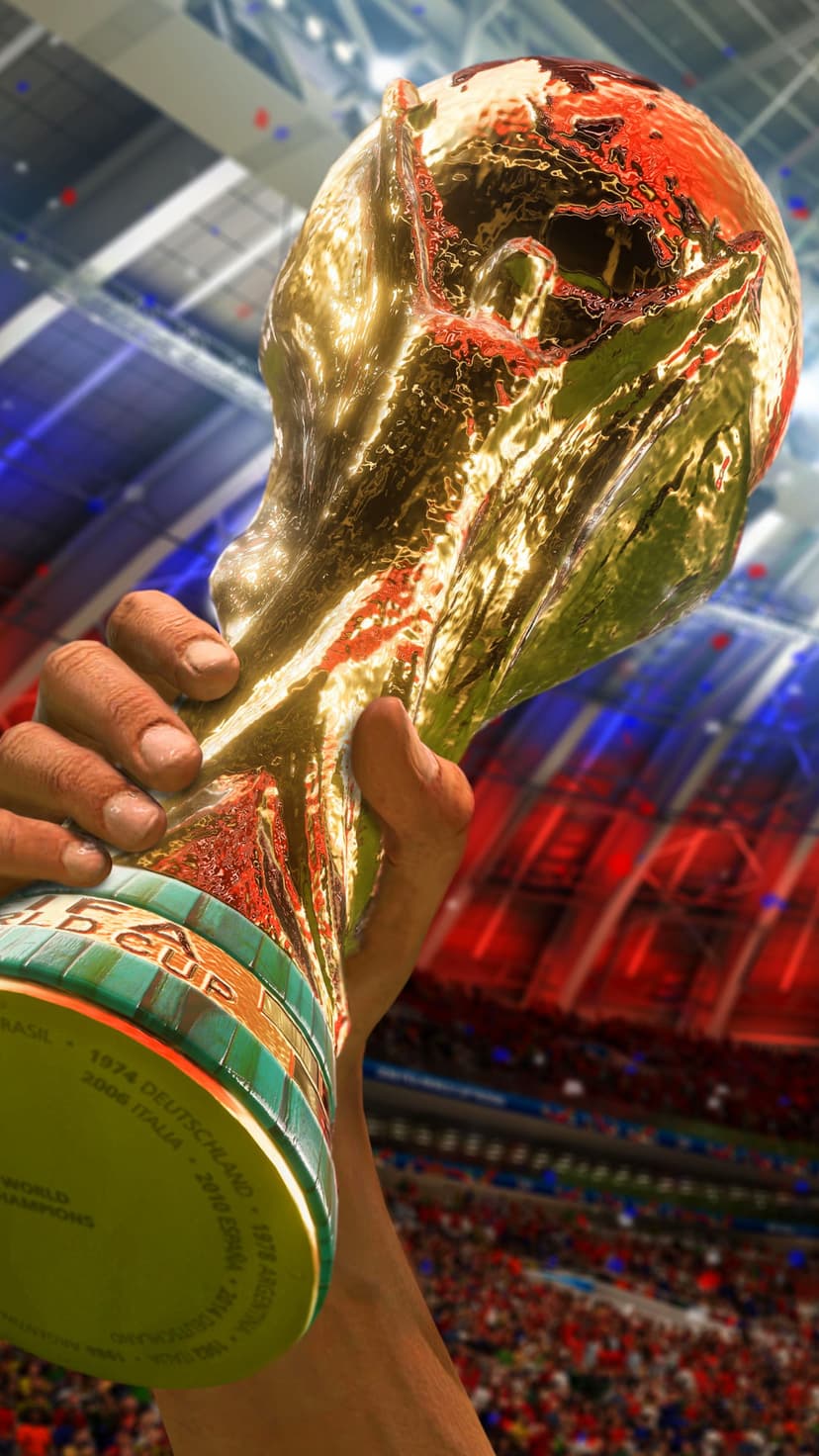 Golden football trophy held aloft by a hand against a blurred background of red and blue stadium seating.