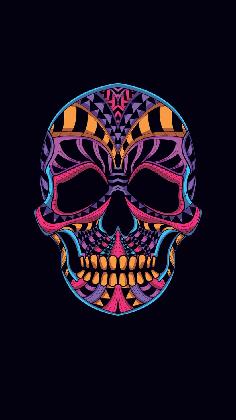 Stylized skull features pink, purple, and orange geometric patterns glowing against a solid black background.