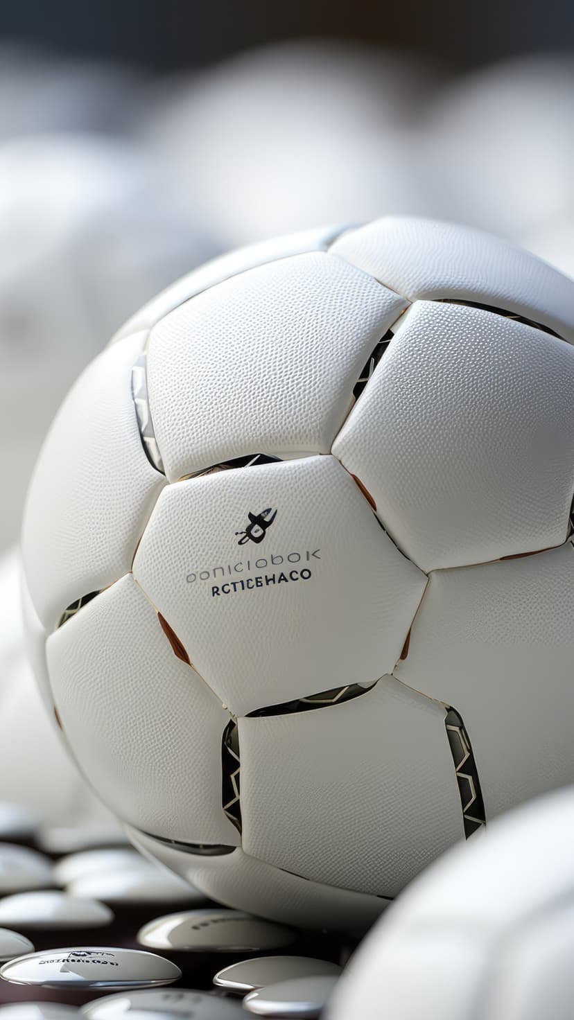 White soccer ball macro with textured panels, black branding, and visible stitching against a blurred background.