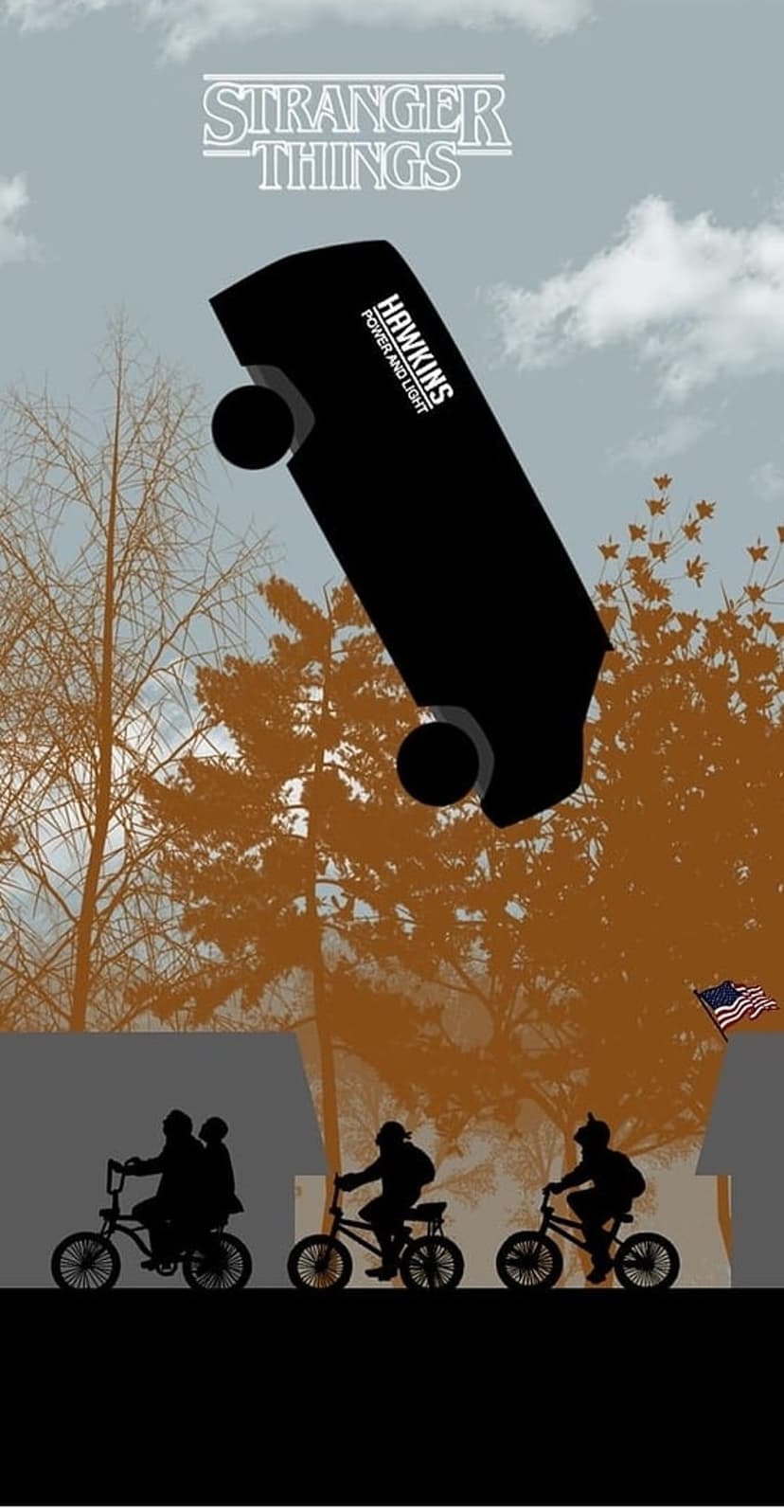Four children on bicycles ride through a forest beneath a black van floating upside down in a dark, cloudy sky.