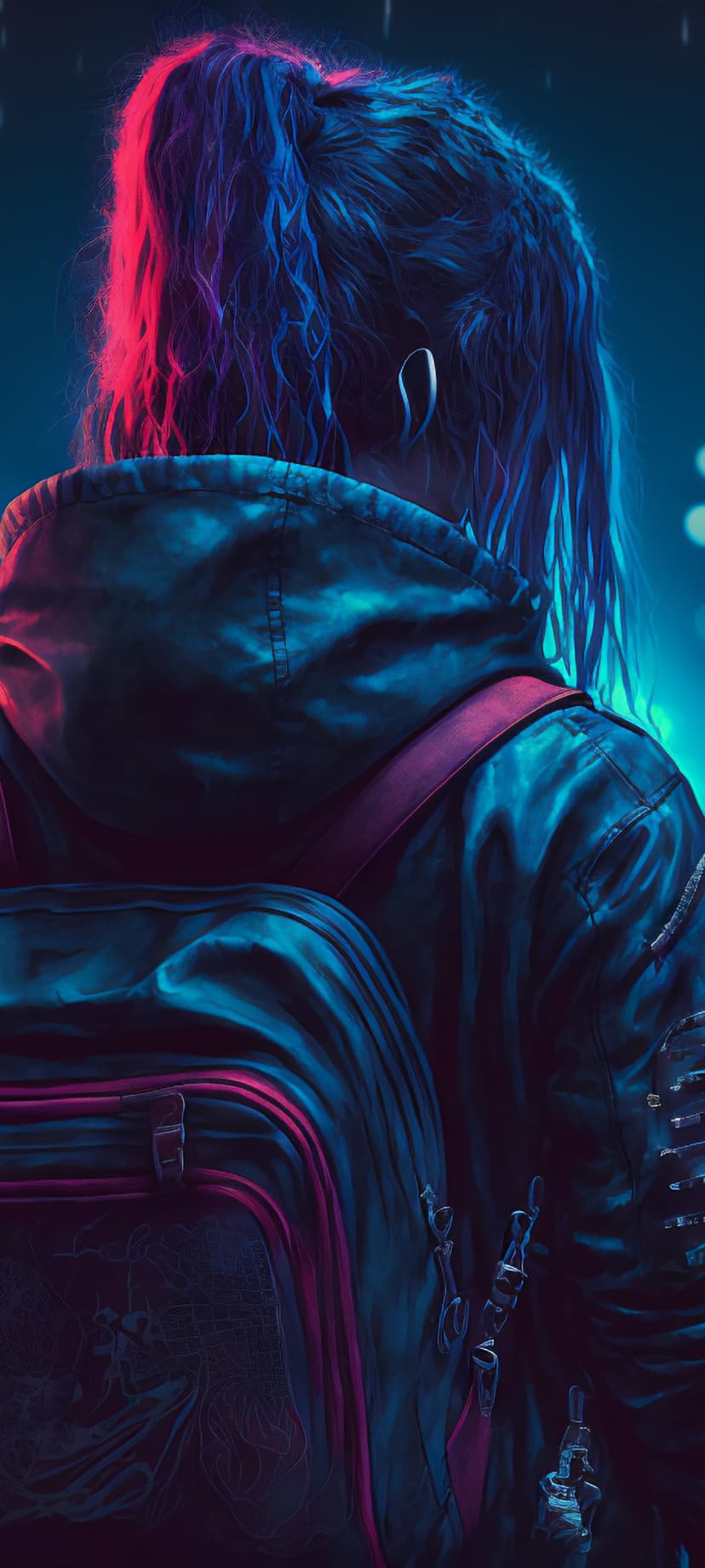 Cyberpunk woman with blue hair and a black backpack stands before glowing neon city lights at night.