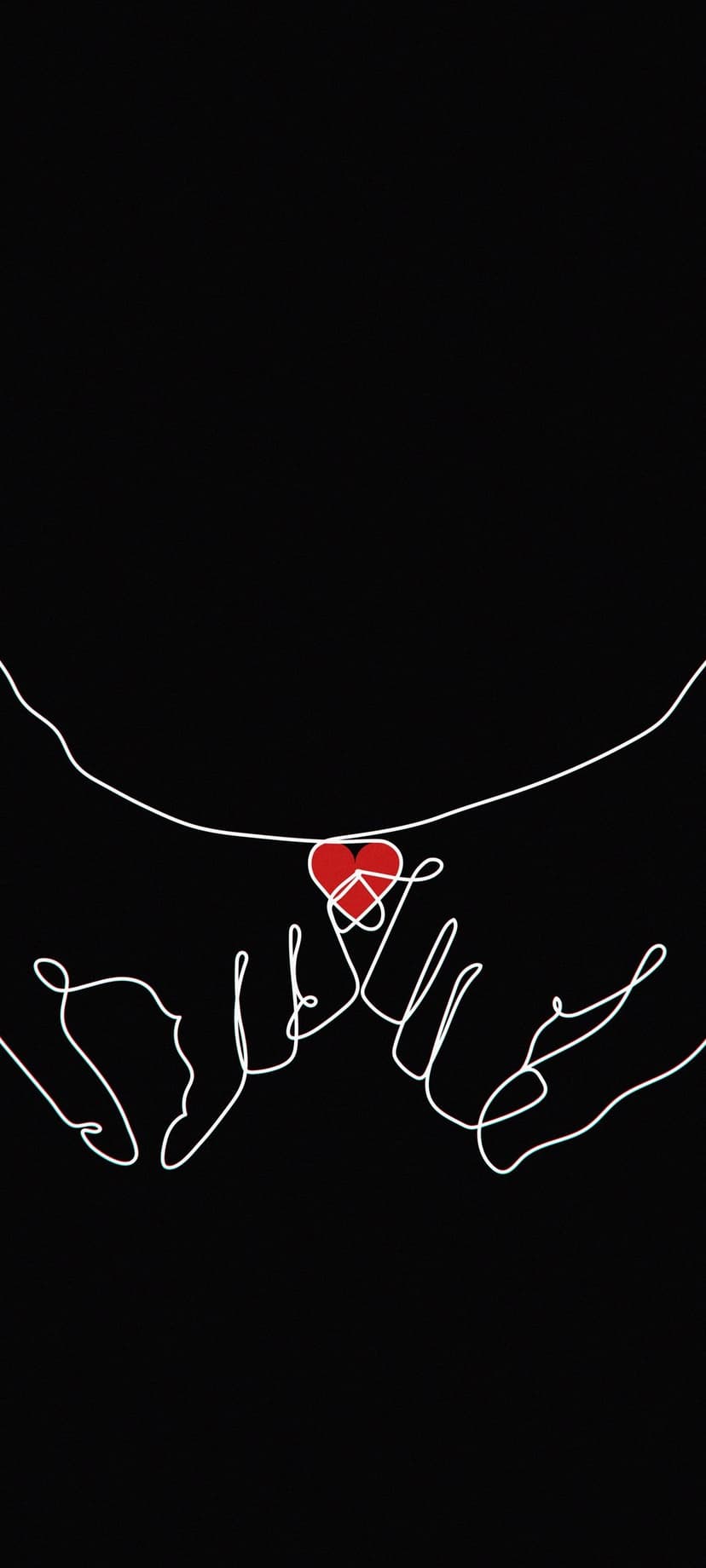 Two white outline hands interlocking pinky fingers with a small red heart in the center against black background.