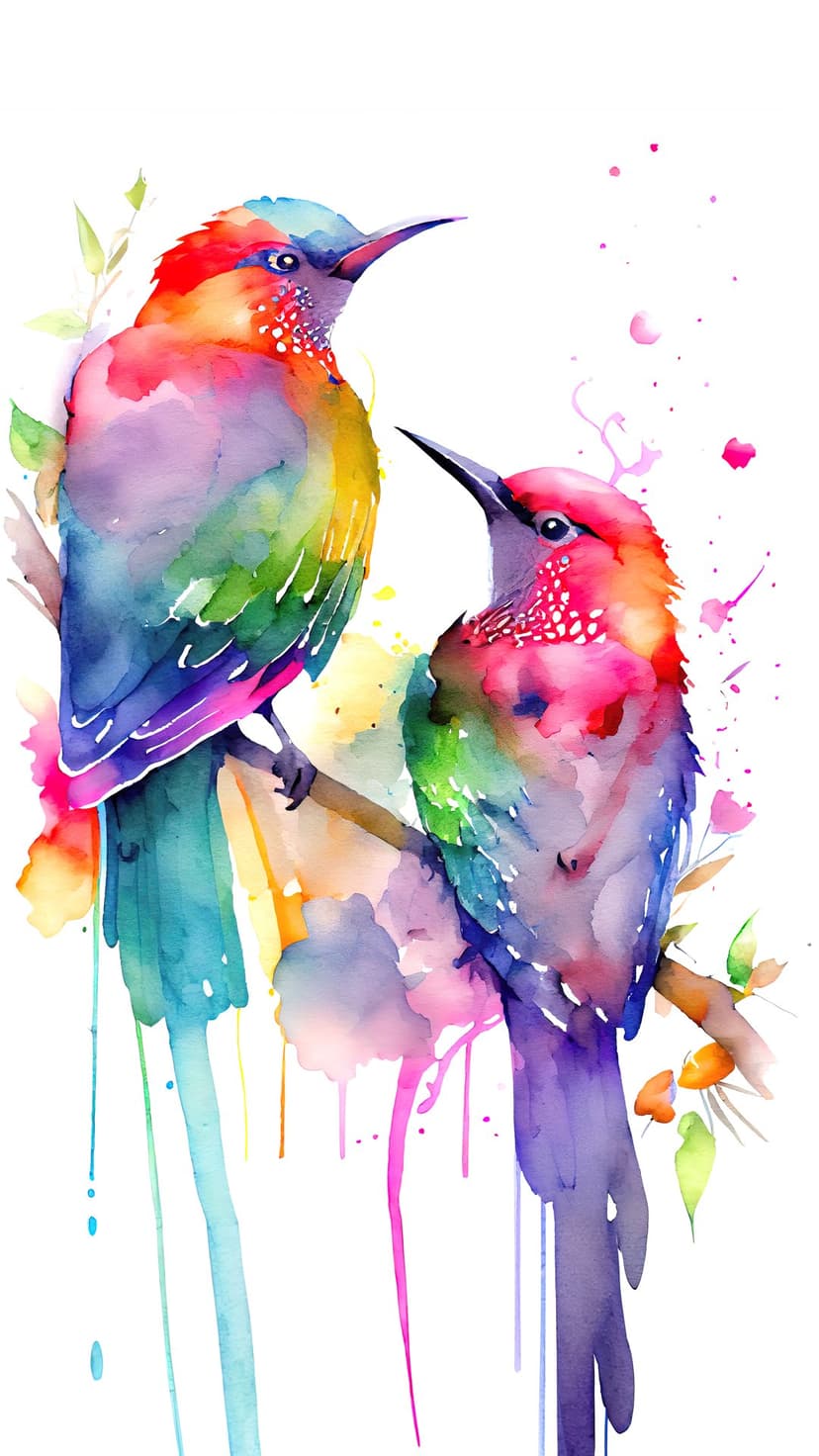 Two small birds perch on a thin branch amidst vibrant splashes and drips in shades of blue, pink, and yellow.