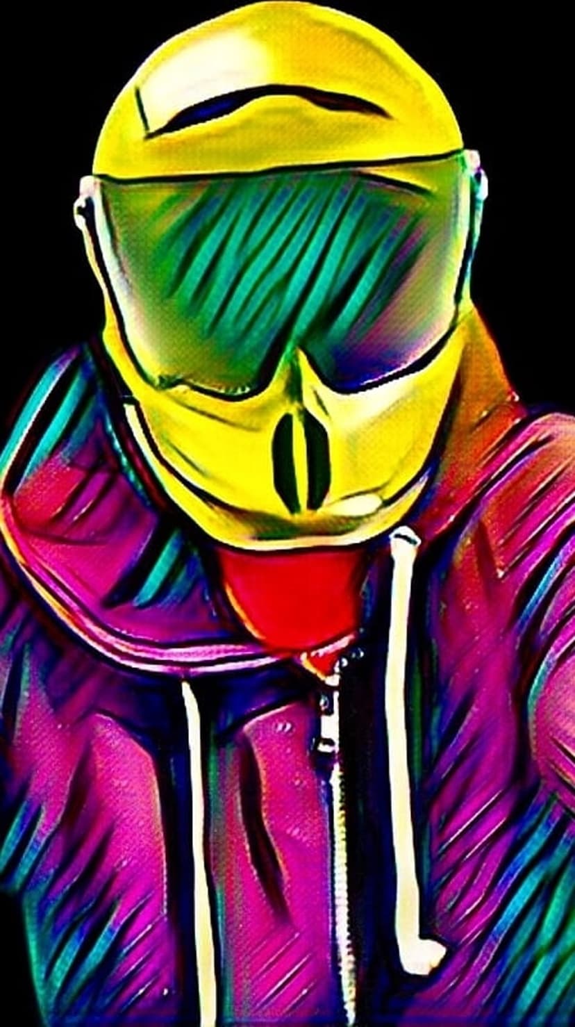Person wearing a bright yellow helmet and multicolored jacket stands against a solid black backdrop in profile.