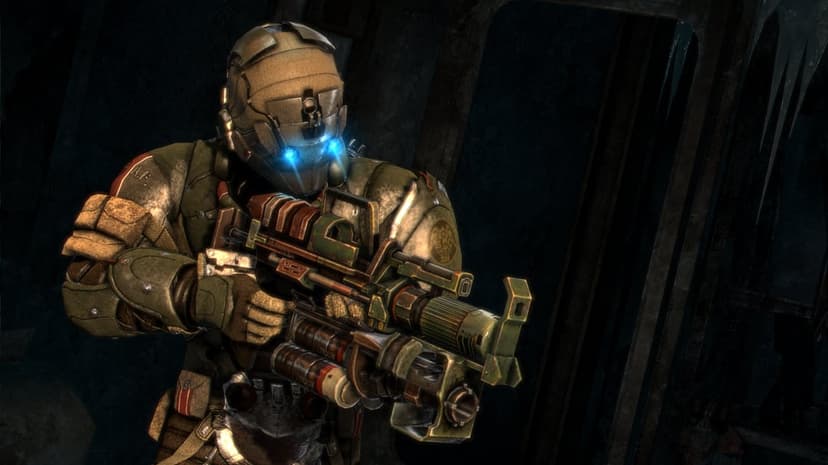 Isaac Clarke in detailed Witness Suit armor holds a custom weapon with glowing blue lights in a dark room.