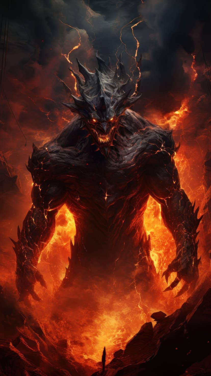 Towering dark demon with glowing red eyes and magma-veined skin stands in a volcanic crater filled with smoke.