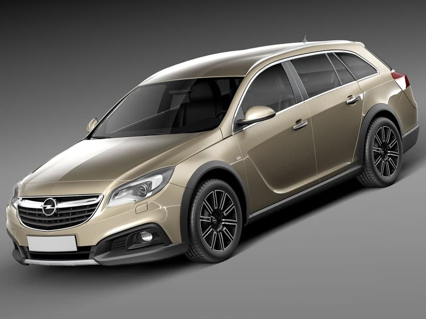 Champagne Opel Insignia Country Tourer wagon with black wheels in a neutral gray studio setting.