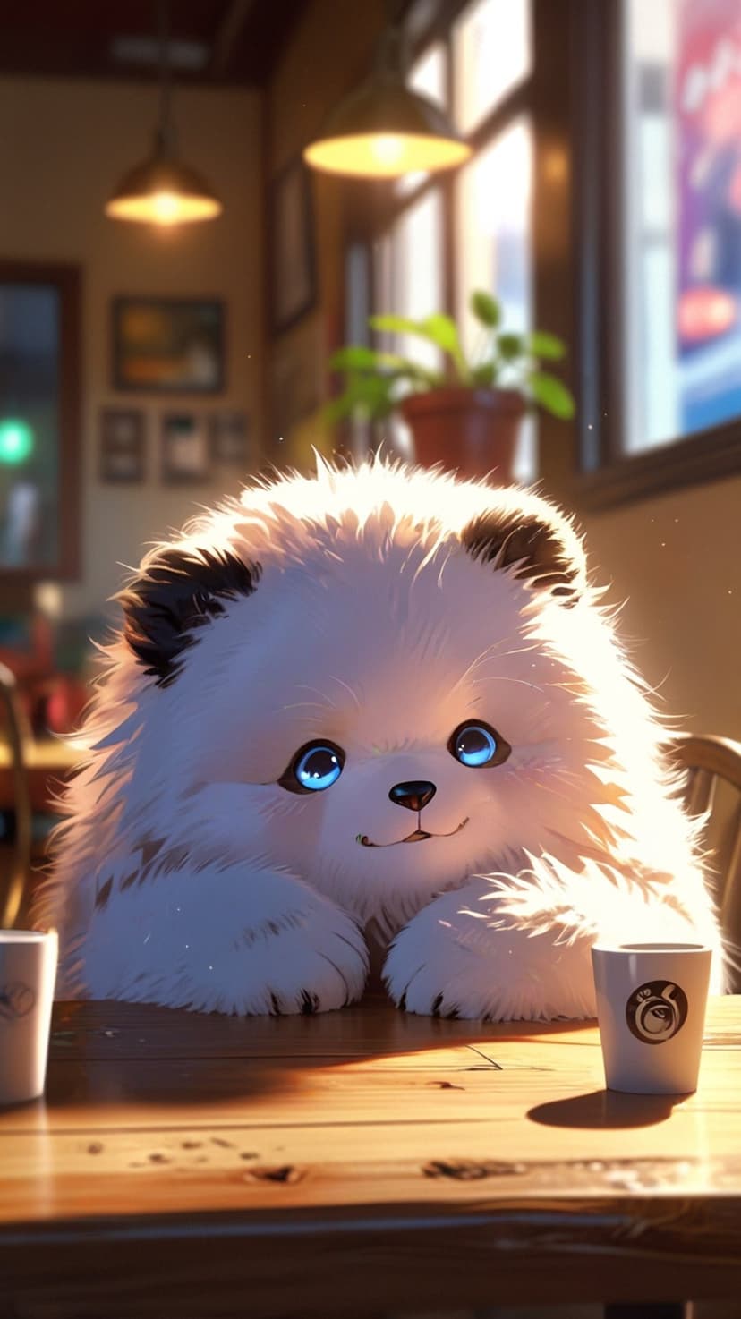 Pomeranian puppy with blue eyes sits on a wooden cafe table near coffee cups under warm sunlight from a window.