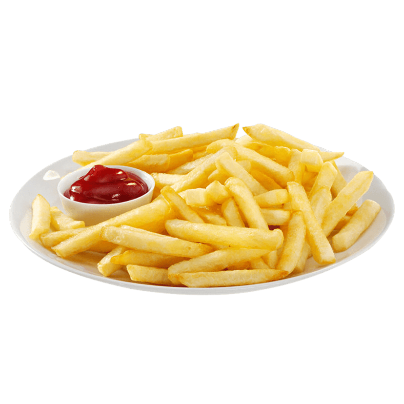 Golden potato fries with red ketchup sauce and sliced onions shown in a high-resolution 3D render style.