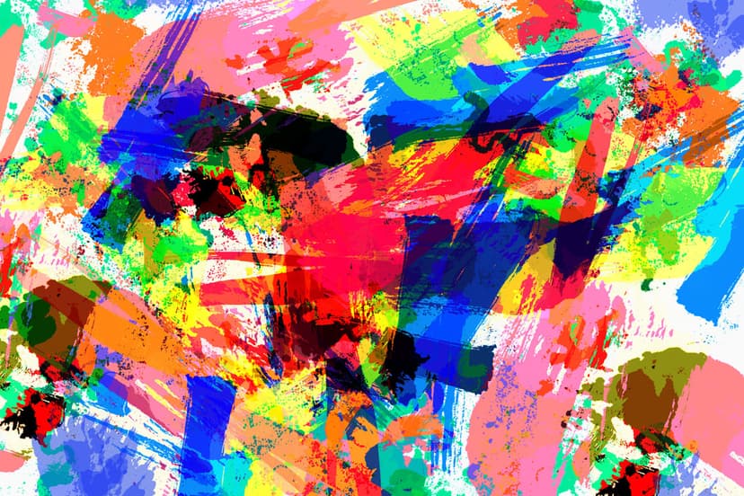 Multicolored paint splashes in blue, red, and yellow explode across a white surface with visible brushstrokes.