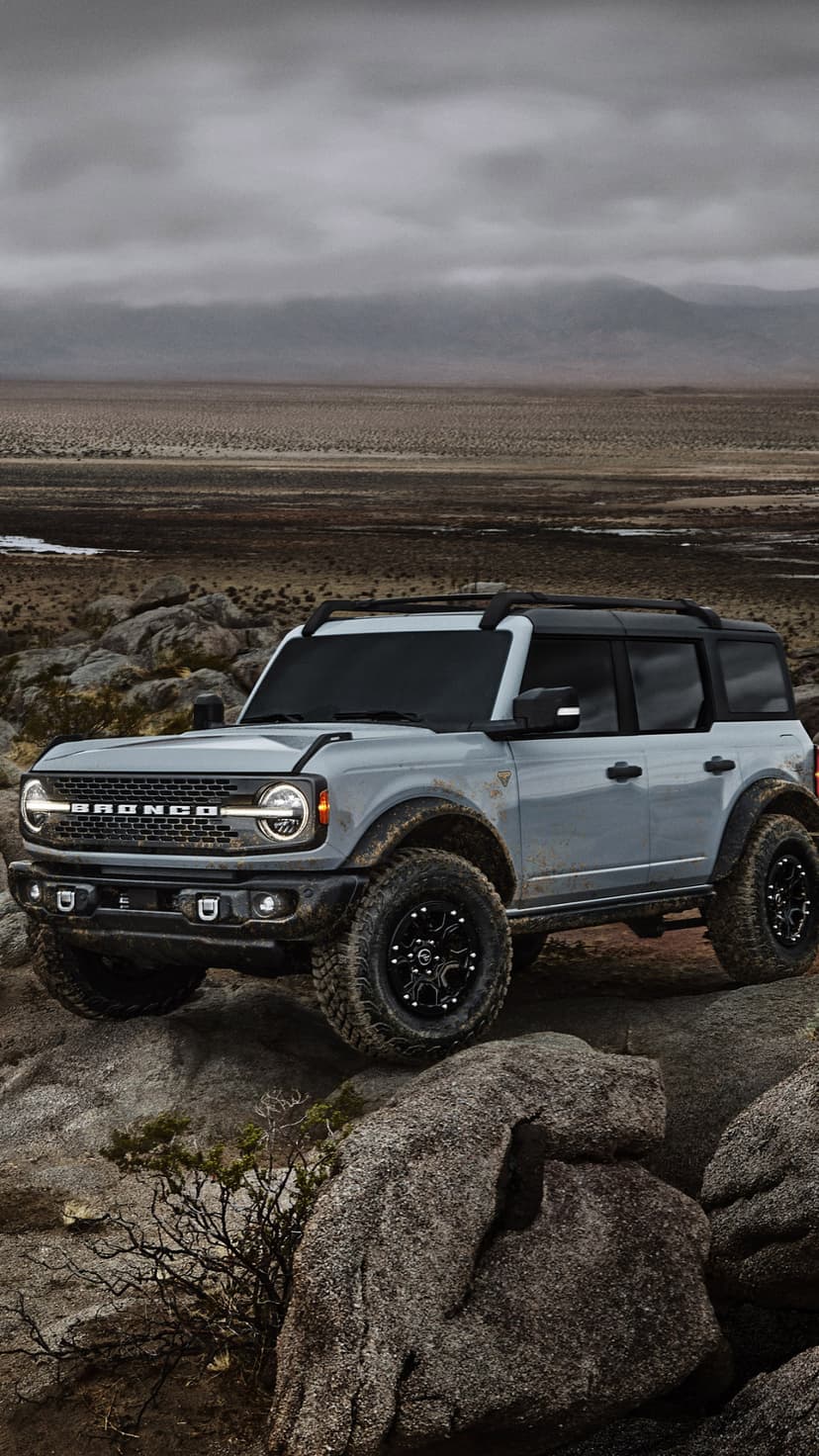 Gray Ford Bronco with mud-splattered tires parked on rocks in a vast desert under a moody, overcast sky.
