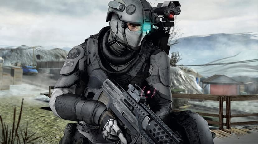Futuristic soldier in grey tactical armor holding a rifle in a snowy winter outpost with mountain peaks.