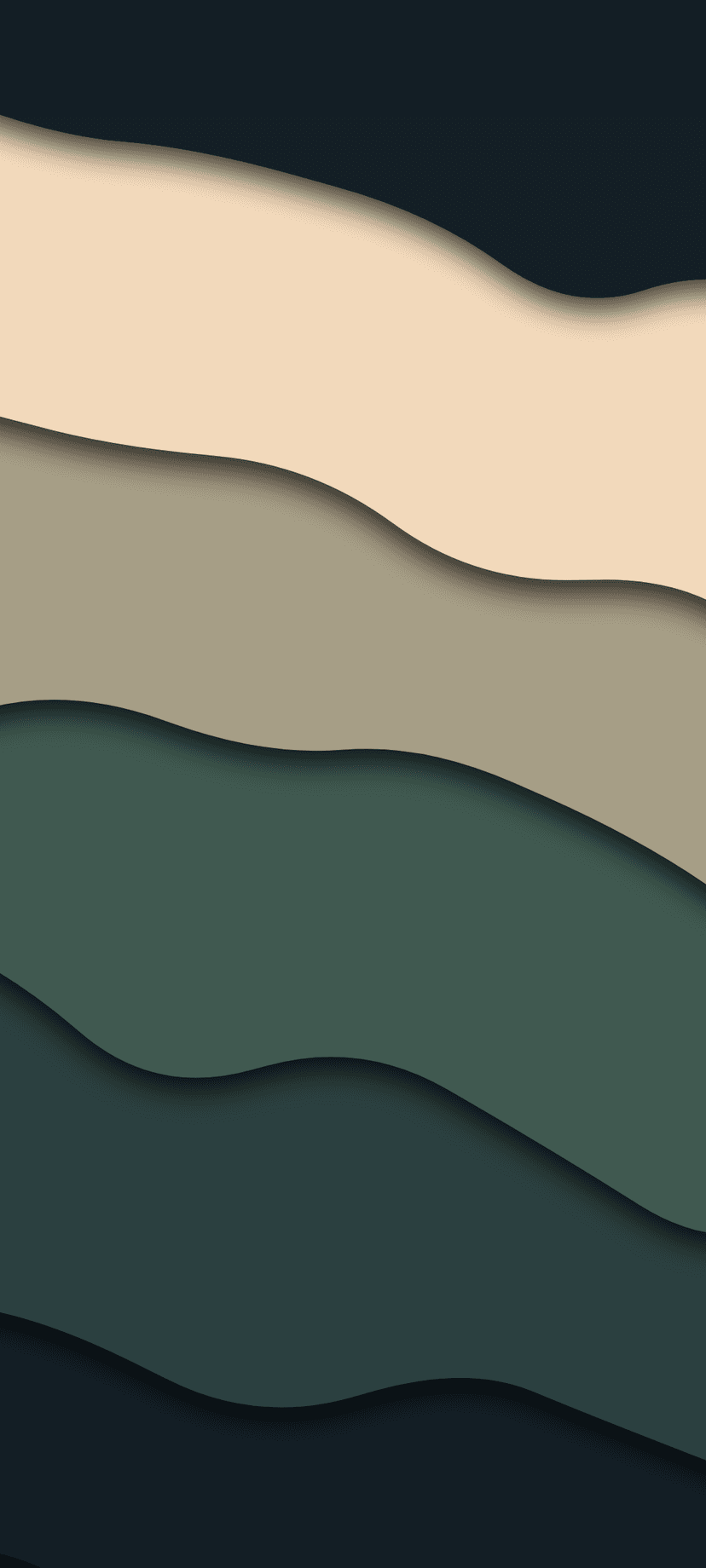 Overlapping wavy layers in navy, beige, and forest green feature soft shadows that create a 3D paper-cut effect.