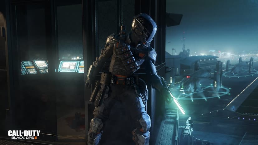 Futuristic soldier wearing glowing blue armor stands in a dusty sci-fi battlefield holding an advanced rifle.