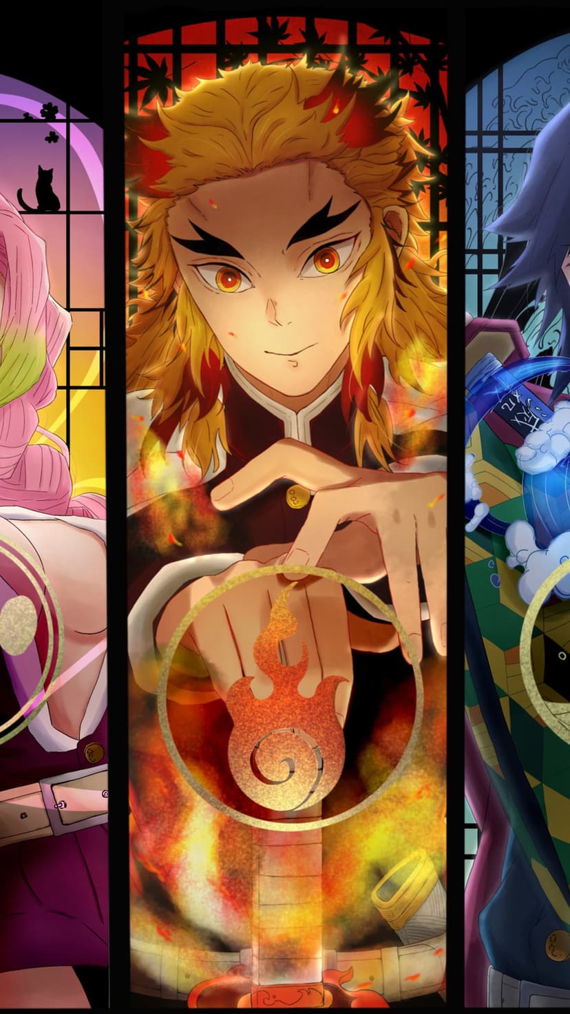 Kyojuro Rengoku stands amid orange flames beside Mitsuri Kanroji and Obanai Iguro with a coiled white serpent.