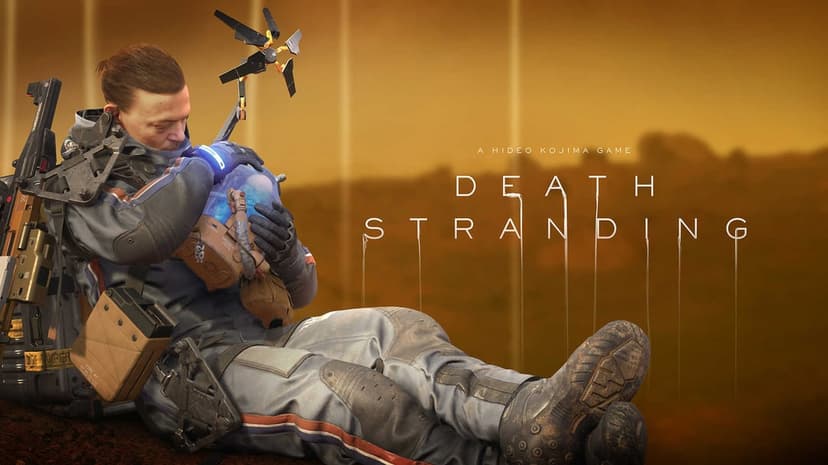 Sam Porter Bridges cradles a blue BB pod against an amber landscape with the Death Stranding title text.