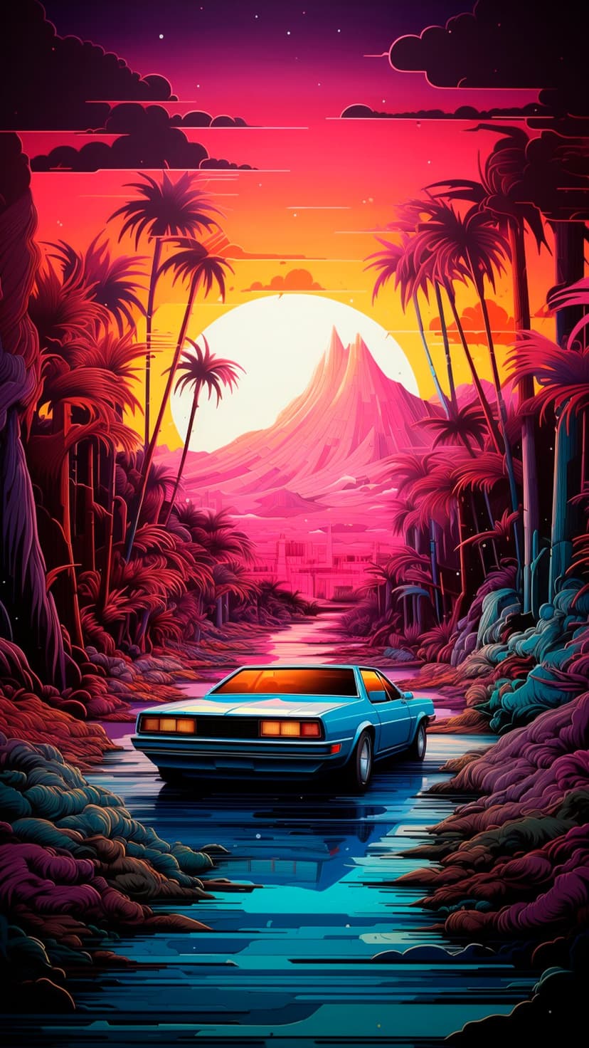 Blue sports car driving on a flooded road toward a neon pink sunset with palm trees and jagged mountain peaks.