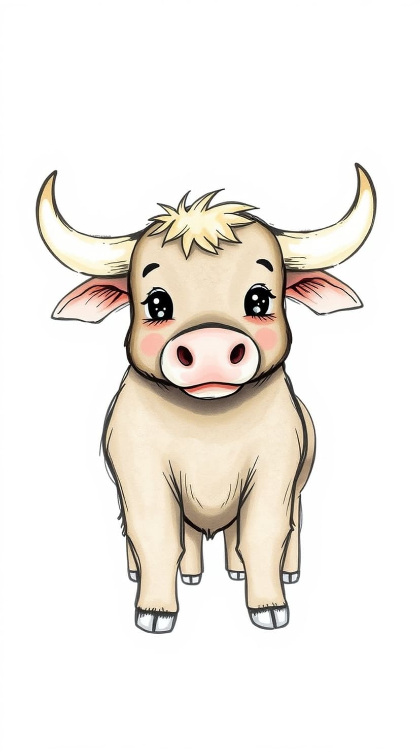 Baby yak with cream fur, large brown eyes, and tiny horns centered against a plain white background for mobile.