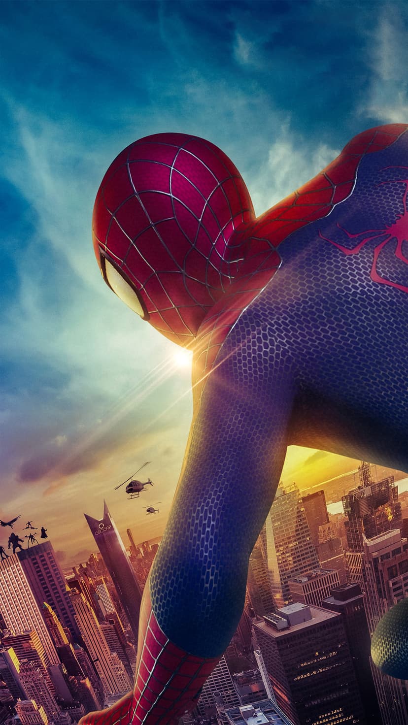 Spider-Man in a red and blue suit gazes at a sunset skyline with helicopters and golden lens flare highlights.