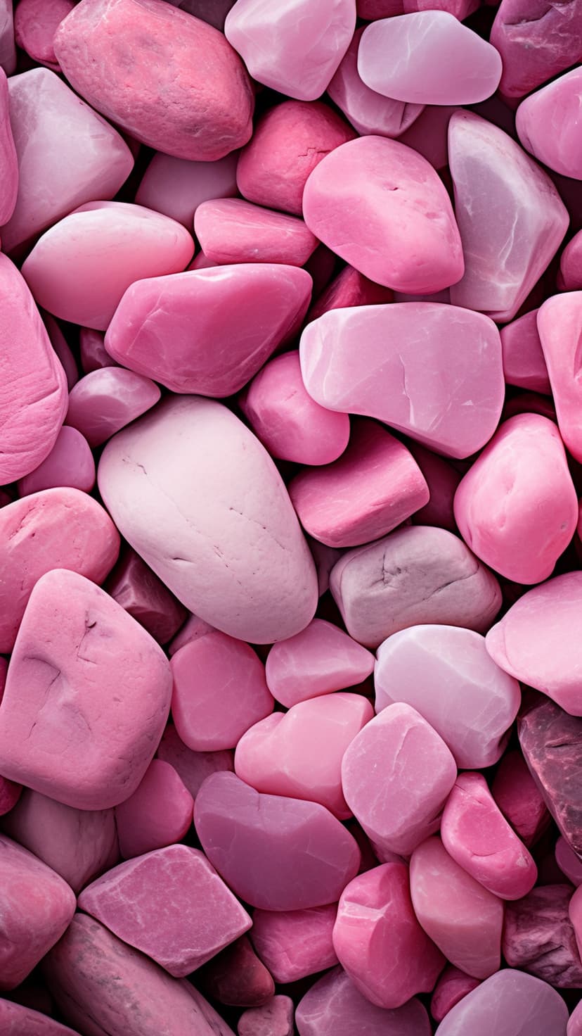Smooth pink pebbles in varied soft tones are arranged closely together to create a polished stone texture.